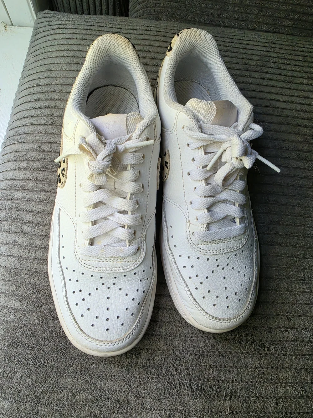 White Womens Nike Leather Low-Top Sneakers with Leopard Accent